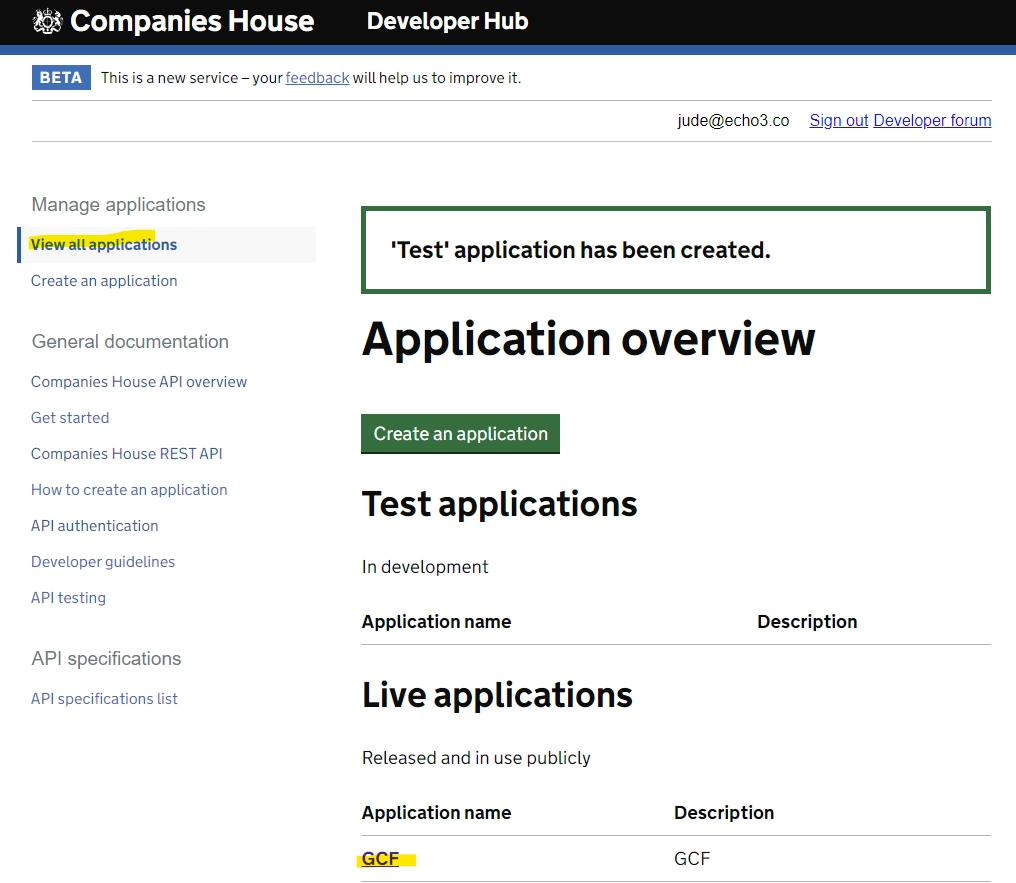 Create an application in Companies House